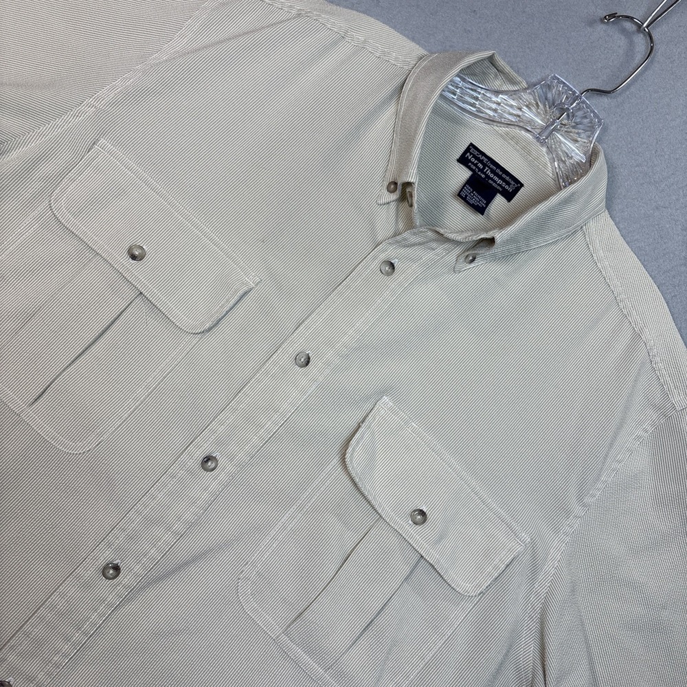 Norm Thompson Shirt Mens Large Beige Stripe Short Sleeve Utility Seersucker VTG